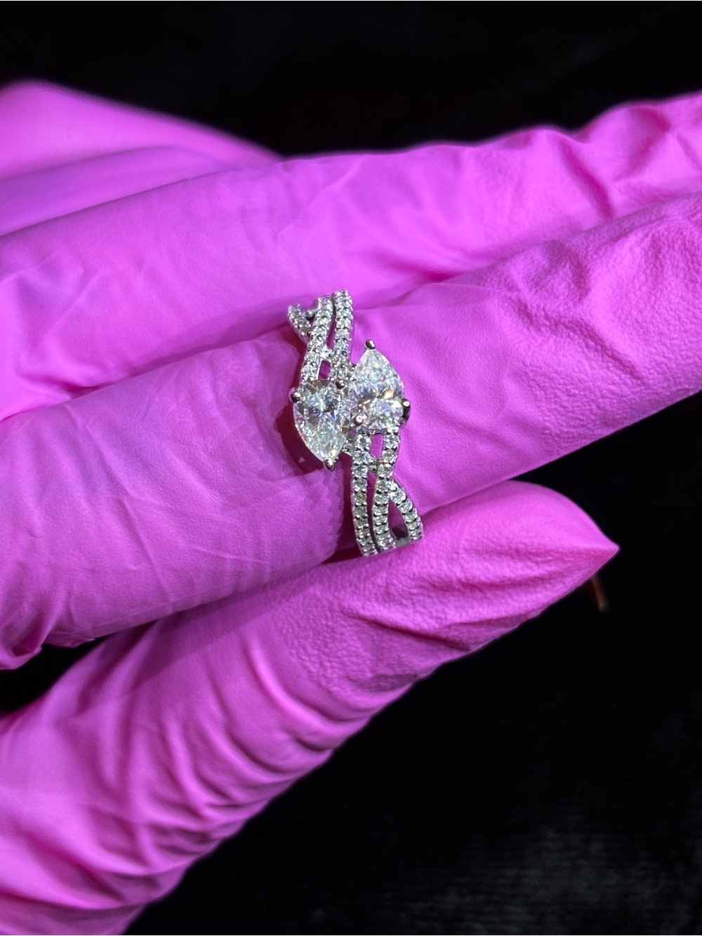 .925 Sterling Silver 1ct. VVS Moissanite Toi et Moi Style Pear-Cut Ring Size 6 - Picture 7 of 13